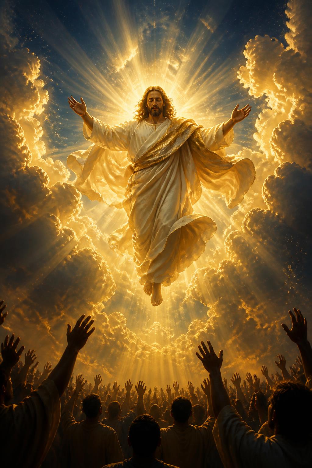 Ilustración de Jesús con los brazos abiertos bajo un cielo luminoso